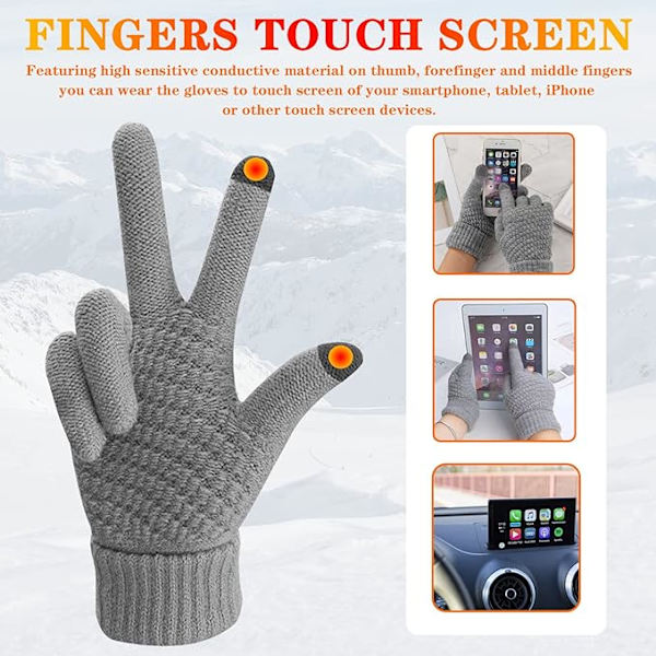 2 par dame vinter touch screen handsker varme fleeceforede strikhandsker elastisk manchet vinterhandsker til sms'er (sort+grå)