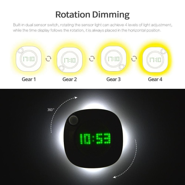 LED PIR Rörelsesensor Väggklocka Lampa 360 graders USB Modern Design Digital Watch Time Inomhus Kök Badrum Studs Nattljus