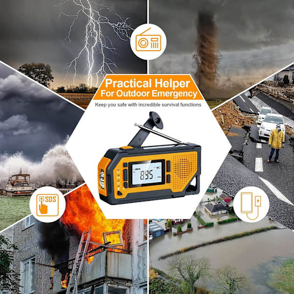 Bärbar radio med LCD-skärm och handvev 2000mAh uppladdningsbart batteri Nödradio Power SOS Alarm -Orange
