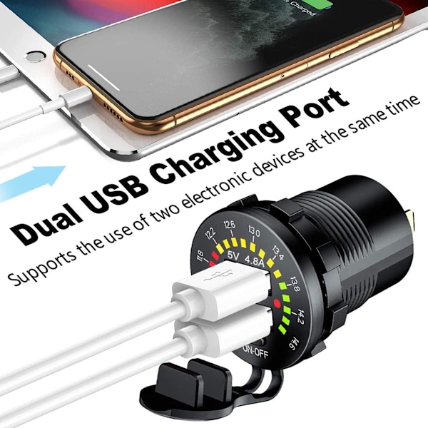 5V/4.8A Vedenpitävä moottoripyörän USB-latausliitäntä, 12/24V kaksois-USB-autolaturi, kytkimellä ja volttimittarilla autoille, veneille, mönkijöille, busseille