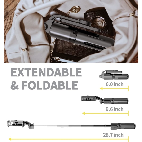 Bärbart Selfie Stick-stativ med trådlös fjärrkontroll, 3 i 1 utdragbar telefonhållare för iPhone 13/12/12 Pro/12 Pro Max/11/11 Pro/X/XR/XS/8/7/6S, Android