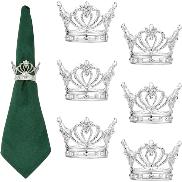 Sølv Serviettringer Sett med 6 - Krone Rhinestone Juler Serviett
