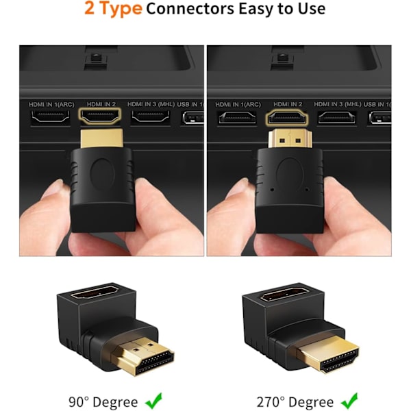 HDMI Adapter Hann til Hunn, CableCreation 2-pakning 90 og 270 Graders Oppovervinkel Konverter, HDMI L-Formet Flat Skjøteledning for Vegg-TV, Roku, PS5, Fire St