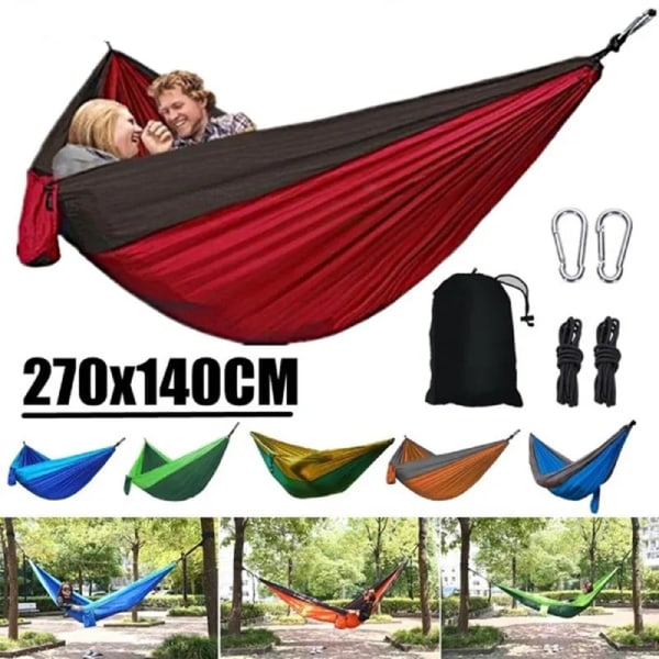 Bärbar hängmatta för 2 person för utomhuscamping med färgmatchande hängmatta i nylon Höghållfast hängande säng i fallskärmstyg rödaktig-svart