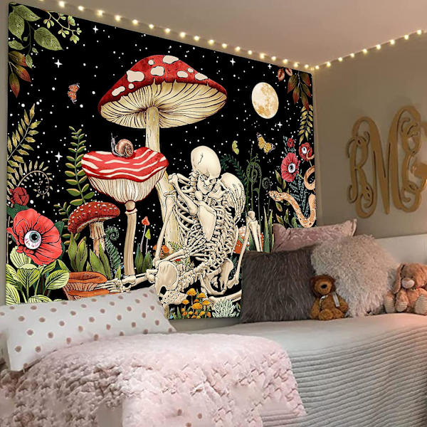 Svamp Skalle Gobeläng Skelett Blommiga Gobelänger Trippy Flower Gobeläng för sovrum Estetisk Hippie Cool Nature Moon Star Wall Gobeläng för Dorm Li