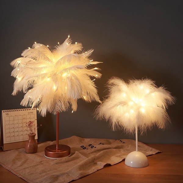 Kreativ fjäderbordslampa med fjärrkontroll USB/AA batteri power bordslampa  träd fjäder lampskärm födelsedags nattlampa, rosa 88cb | Fyndiq