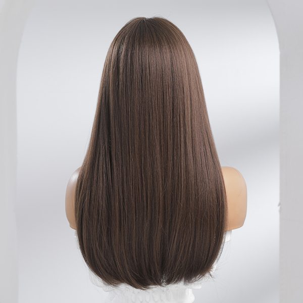 Qi Bangs Naturlig Brun Fluffig Asiatisk Långt rakt hår Mode Peruk Kemisk Fiber Full Head Set WIGs 60cm
