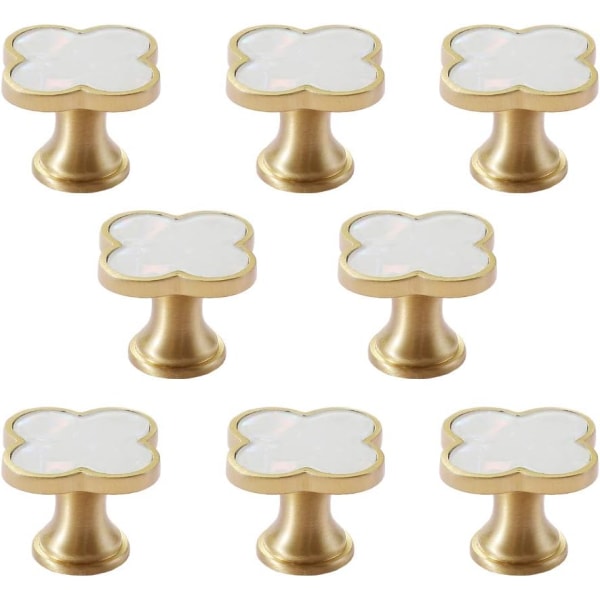 1,3" Klöverknoppar i massiv mässing Badrumsskåpsknoppar Pärlemor dekorerade kökshandtag och drag i borstat guld (8, vit)