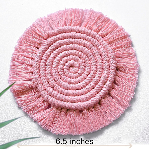 Imukykyiset lasinaluset juomille, Boho-lasinaluset puupöydälle, Makramee-lasinaluset, Maalaistalon lasinalussetti kupeille ja mukeille, 2 kpl pyöreä, Pinkki