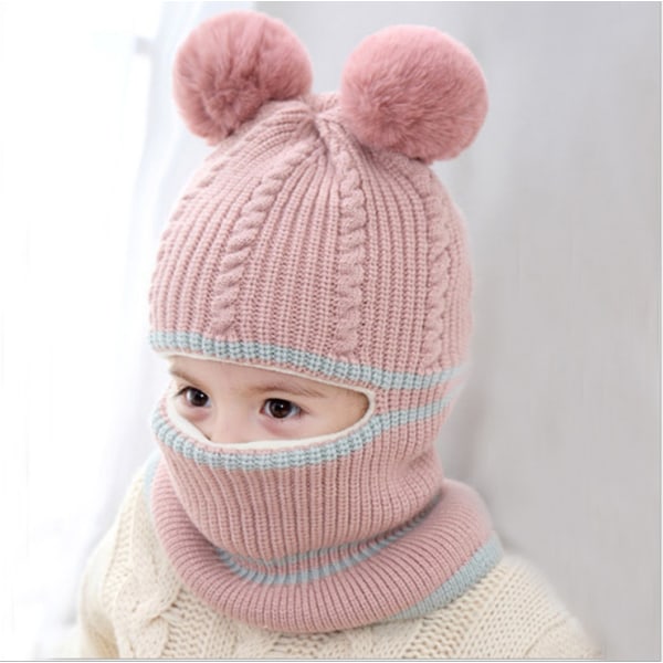 Höst och vinter baby förtjockad stickad ullmössa ansikts- och öronskyddshalsduk för flickor (svart+rosa)
