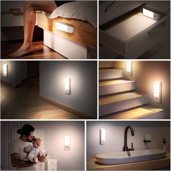 LED-nattlampa Uppladdningsbar nattlampa, nattlampa för rörelsesensor med självhäftande magnetremsa[2-pack]. 3 lägen (Auto/På/Av) nattljus