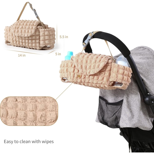 Baby vogn stelleveske håndveske med koppholder, universell for de fleste vogner, bleier, våtservietter og lekeplass, khaki