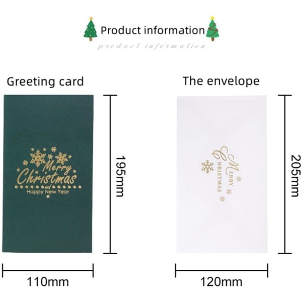 Julkort 3D julkort kombination, stereo glänsande julgranskort, med kuvert, 2023 nyårskort, kan skriva meddelanden, 3 rödgröna