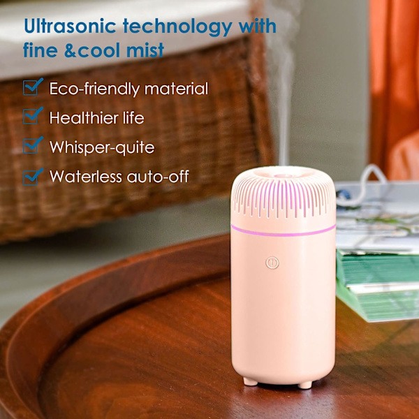 Bil diffuser luftfukter aromaterapi eterisk olje diffuser USB kald tåke mini bærbar diffuser for bil hjemmekontor soverom (rosa)
