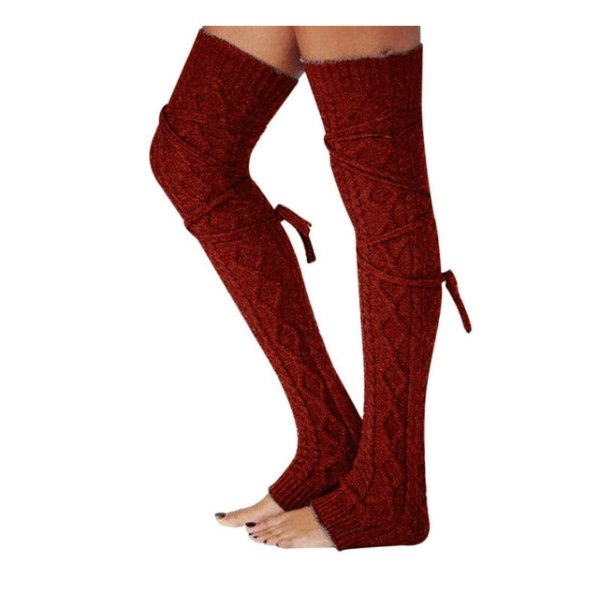 Virkade stickade strumpor damer knähöga lår höga strumpor varma ben vinterstövlar strumpor - röd