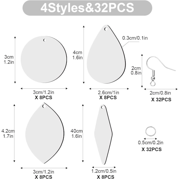 32 kpl Sublimaatio Korvakorupohjia, Lämmönsiirto Sublimaatio Koristeaihiot Korvakorukoukuilla ja Hyppyrenkailla Naisille Tytöille Korujen DIY-valmistukseen