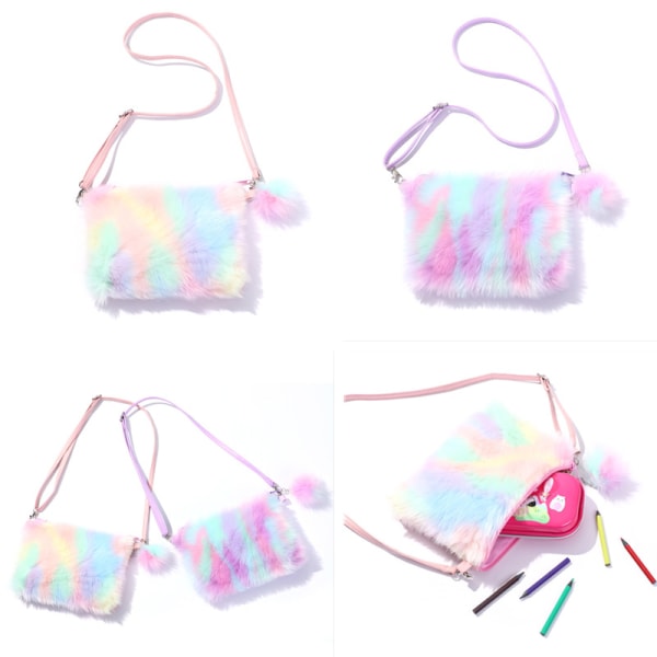 2 Stykker 2 Stilarter 9*6.5\" Piger Børn Fluffy Plys Taske Plys Tie Dye Regnbue Crossbody Pung Tegnebog Sød Børnehave Møntpung Mobiltelefon Taske