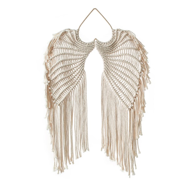 Boho Angel Wings Väggdekor Elegant gobeläng med lång tofs, Makrame Vägghängande, Handgjord vit bomullssnöre Bohemisk inredning, Chic Rumsinredning, Ornam