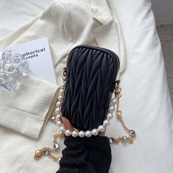 Pearl Chains Diamond Lattice Crossbody Cell Phone Axelväska för kvinnor PU modeväskor och handväskor 2022, 1st-svart