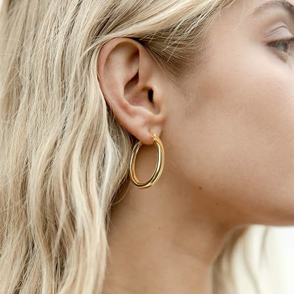14K guldpläterade Sterling Silver Tjocka och lätta ovala Hoop Örhängen för kvinnor