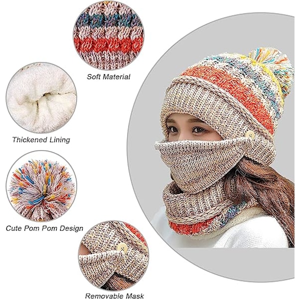 Dam Vintermössa Scarf Mask 3 i 1 Fleecefodrad Stickad Varm Beanies Hattar Scarfs Set med Pompom