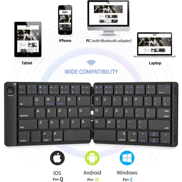 Vikbart Bluetooth tangentbord - bärbart trådlöst tangentbord med fäste, uppladdningsbart ultratunt hopfällbart tangentbord i full storlek som är kompatibelt med IOS Android
