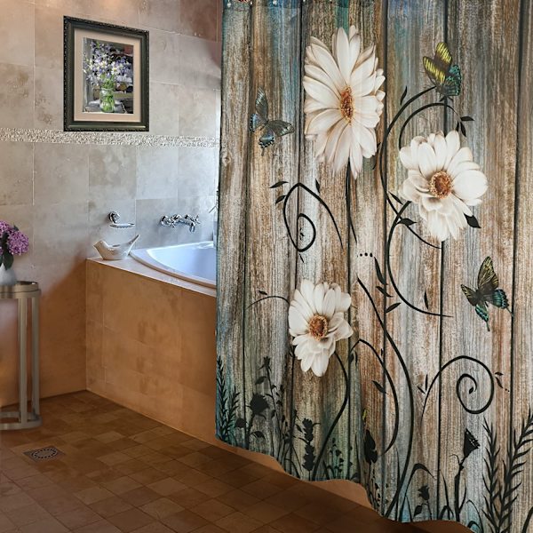 Rustikt Bruseforhængssæt Gråt Blomstret Stof Badeforhæng Sommerfugl Tusindfryd Amerikansk Landlig Gårdstil 183×183 cm