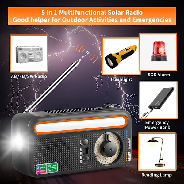 Solar Crank Radio Bärbar Uppladdningsbar Radio med AM/FM/SW Inbyggt 2000mAh uppladdningsbart batteri SOS Alarm LED Ficklampa Lampa, Svart