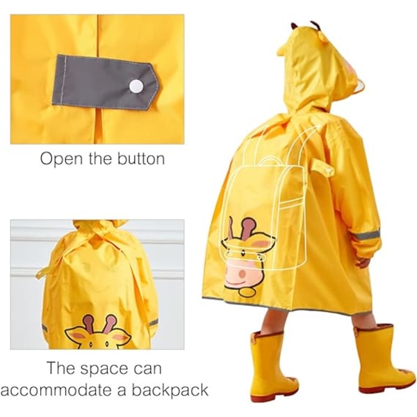 Regnponcho för barn, Poncho för toddler med huva, vattentät regnjacka, 3D-tecknad regnkläder för barn för flickor (gul, medium)