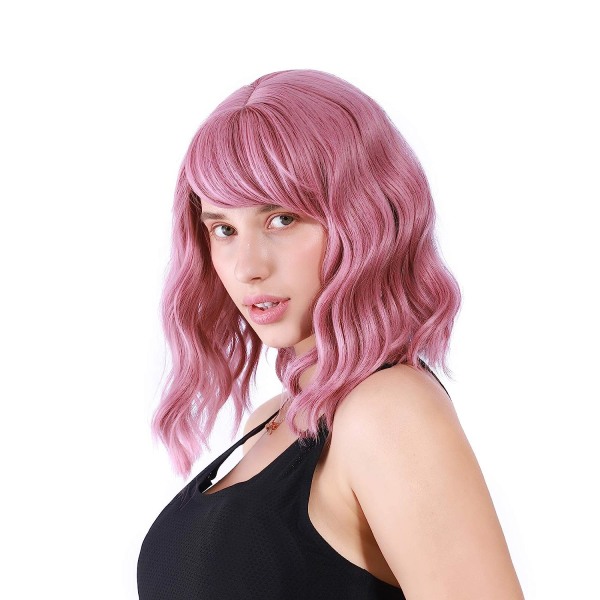 Mjuk vågig peruk med Air Bangs, kort bob för kvinnor, lila rosa peruk C