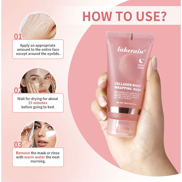Lakerain-Collagen-Mask för förpackning över natten Elasticity Hydration Care Minskar slapphet