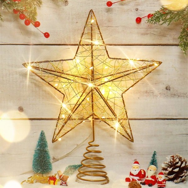 Stjärnljus på toppen av den gyllene julgranen Julgran Stjärnlinjestjärna, med 20 LED-lampor på toppen av julgranen