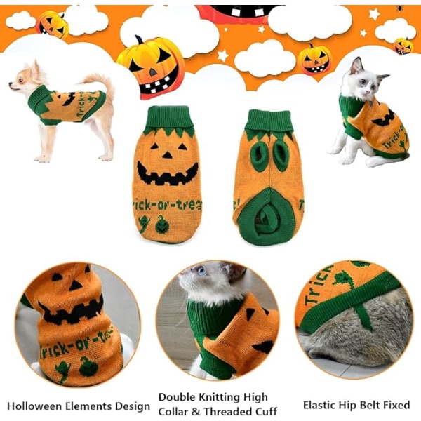 Lemmikin Pennun Koiran Halloween-neulepusero Kissan Kurpitsa Neulevaatteet Puku Haamu Temppu vai Karkki Kuviolla Koiran Halloween-neulepusero Takki Pennuille Pienille Koirille C