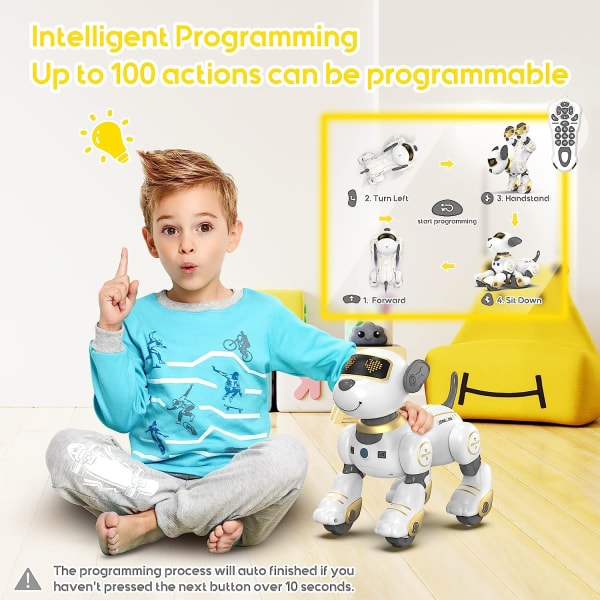 Fjärrkontrollrobothundleksak för barn, programmerbar robotvalp, smart interaktiv stuntrobothundleksak för barn 3-8 års present (A.Gold)