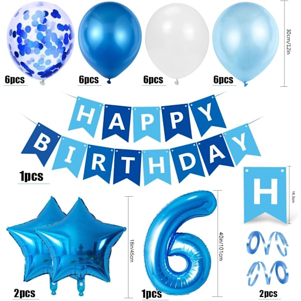 6-årig pojkefödelsedagsballong, blå 6-årig födelsedagsdekoration, nummer 6 födelsedagsballonger, latexkonfettiballonger Födelsedagsdoptillbehör P