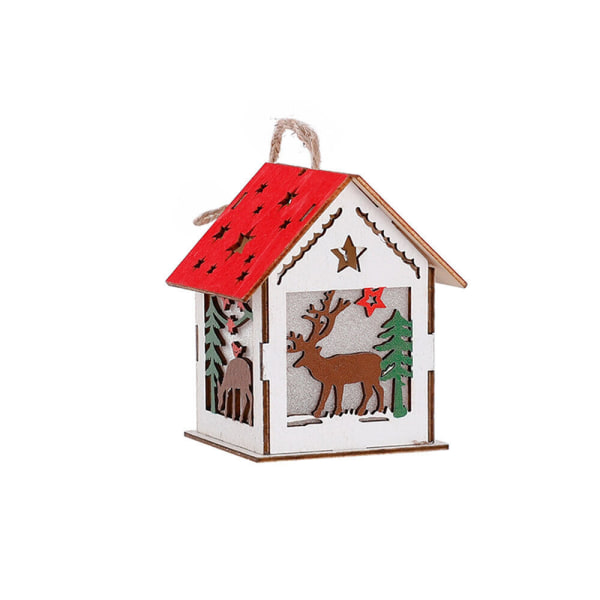 Gör-det-själv jul Naturligt trä hängande timmerstuga med varm LED-ljusprydnad，Elk