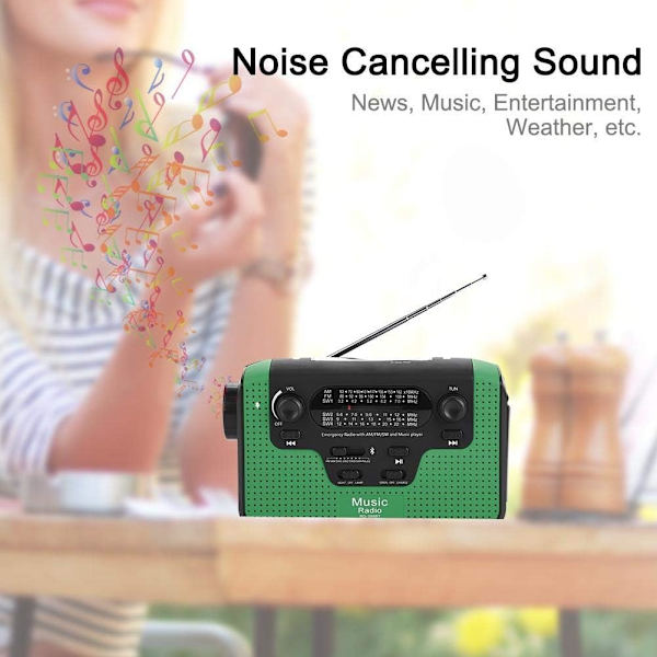 FM/AM/SW Utomhus nödradio - LED-ficklampa - Solcellsdriven - Kan ladda telefonen i nödsituationer (grön)