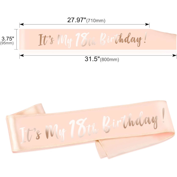 Rose Gold 18-års födelsedag Sash It's My 18th Birthday Satin Sash för 18-åring Födelsedagspresent Party Favor Födelsedagsdekoration Tillbehör för flicka