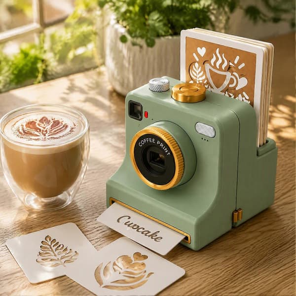 Latte Art-kamera for Cappuccino, Manuell Kaffepulverskriver med Sjablongmaker （White）