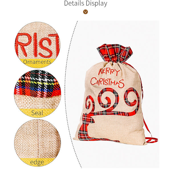 2 stk. nye juledekorative rutete applikerte broderte store stoffposer barnas julegaveposer godteposer