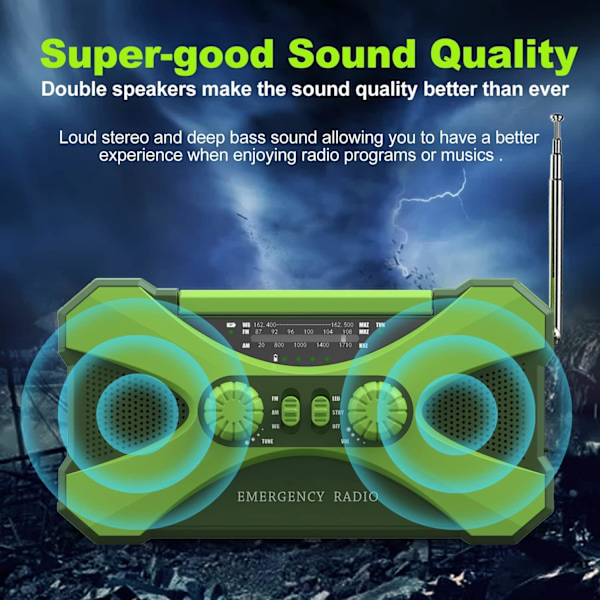 【10000mAh】 Nödradio Handvev Solar, NOAA väderradio Flera power , ficklampa, läslampa, mobiltelefonladdare, SOS Alarm, Portabl