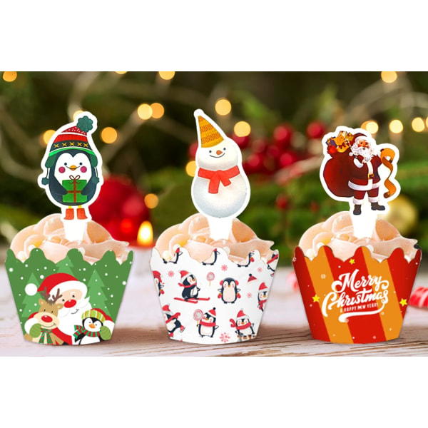 48 stycken Julmuffinsformar, Snögubbe Jultomte Muffinstoppers, Julgranar Pingvin Älg God Jul Ord Muffinsformar, Jul