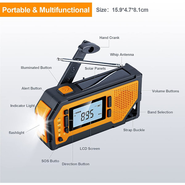 Bärbar radio med LCD-skärm och handvev 2000mAh uppladdningsbart batteri Nödradio Power SOS Alarm -Orange