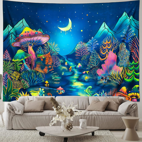 Blacklight Skogstrær Gobelin UV Reaktivt Sopp Gobelin Fantasy Stjernemåne Natt Gobelin Trippy Neonplanter Gobelin Mystisk Fjellandskap