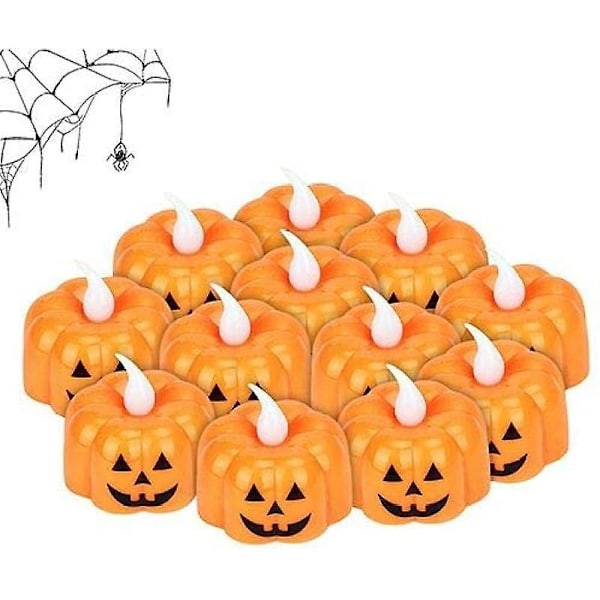 Græskar fyrfadslys, 12 stk. Halloween græskarlys Flammeløse græskarlys, LED flammeløse lys Batteridrevet til Halloween dekorationer