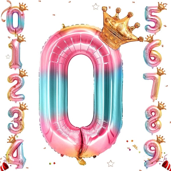 Heliumfolienummerballong, 32 tums regnbågsgradientnummerballonger med krona för födelsedag, födelsedagsfestdekorationer (#0)