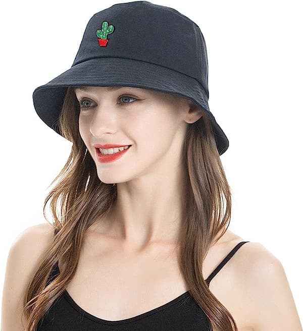 Bucket Hat Bomuld Sommer Fiskerhat til Kvinder Mænd, (cactus-Sort)