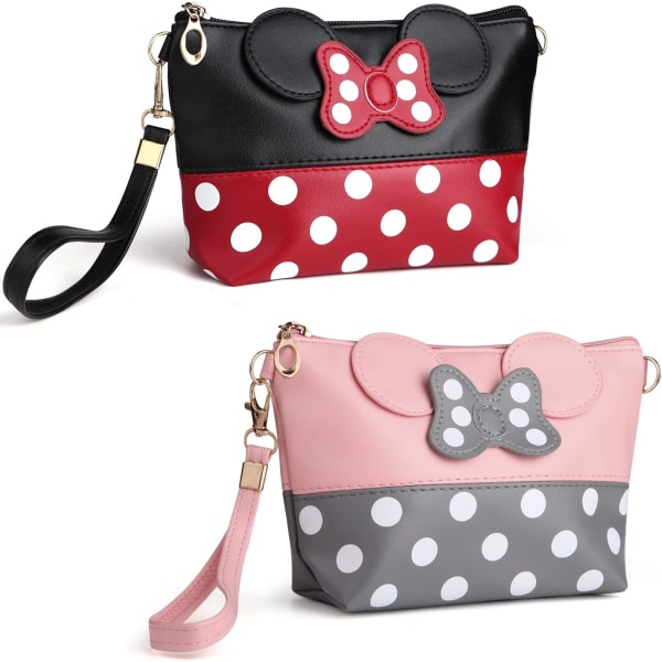 2-pack söt sminkväska - Läder resesminkhandväska med dragkedja - Söta väskor med handväska (rosa och svarta)