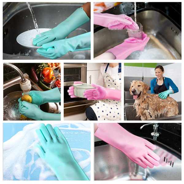 Rengöringssvamphandskar Disktvätt Rengöringsskrubberhandske för hushållsarbete, kök, badrumsrengöring 1 par (13,6" stor ljusrosa)