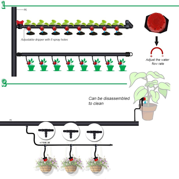 100 stk. Justerbar Vandingsdrypper Automatisk Vandingssystem Drypslange Mikro Sprinkler Emitter Dryppere til Plante Drivhus Have